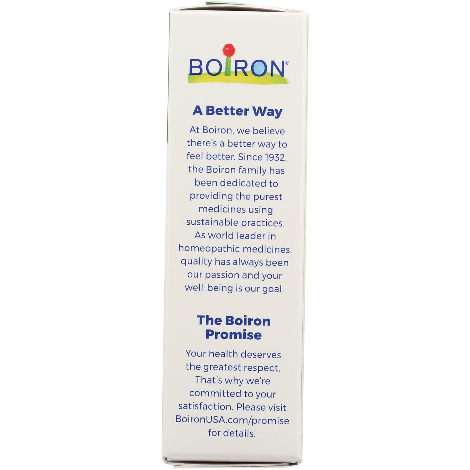 BRN014 | side panel of Boiron box showing A Better Way and The Boiron Promise text