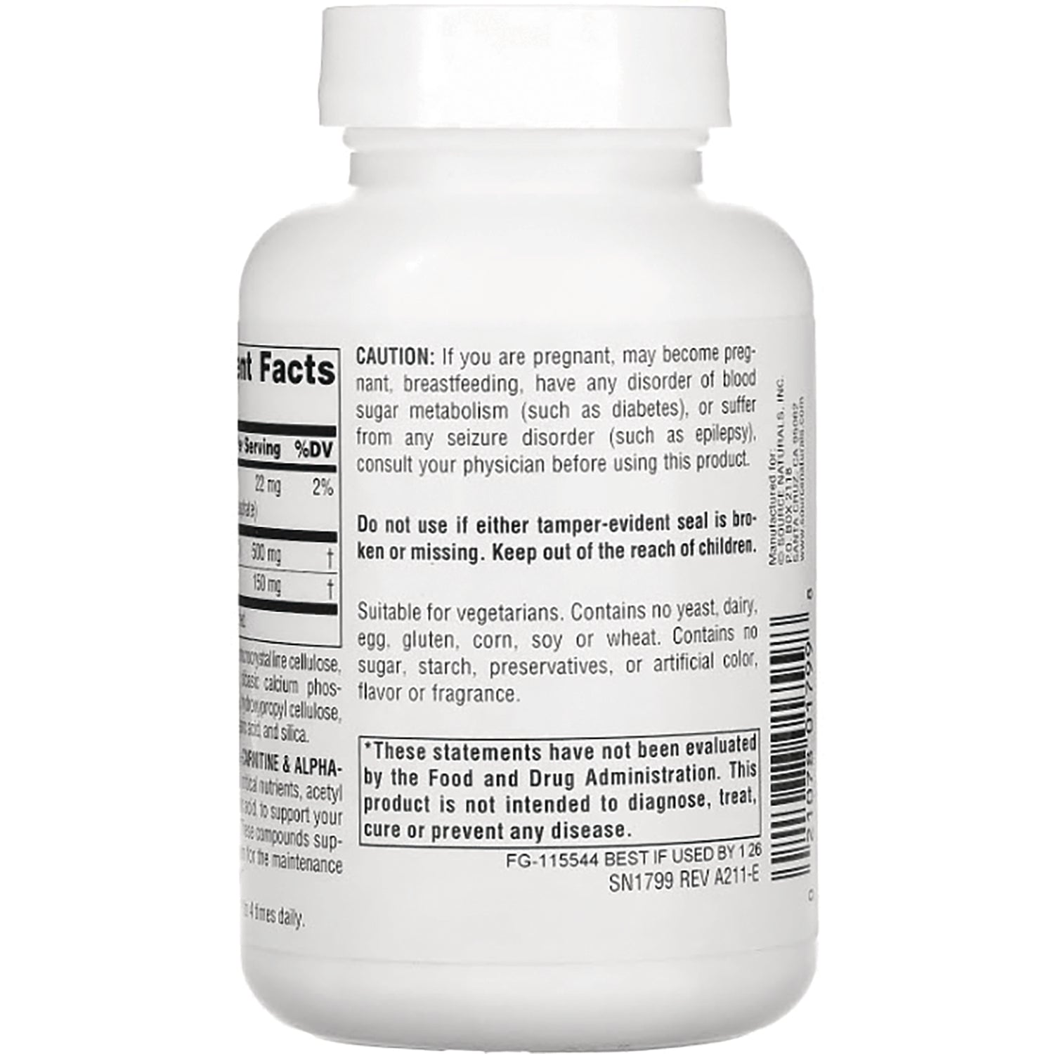 SN096 | back label of white supplement bottle showing caution, ingredient and FDA disclaimer text