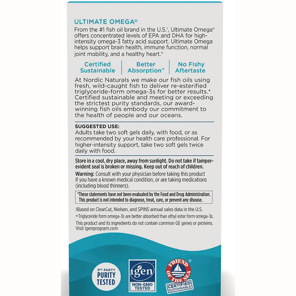 NRN007 | Ultimate Omega product infographic panel showing suggested use, benefits, and purity and non-GMO certification badges - Thumbnail