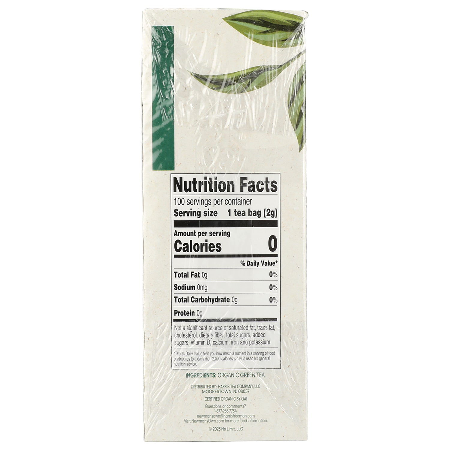NWM041 | Back of tea box showing Nutrition Facts panel, serving size 1 tea bag (2g) and ingredients