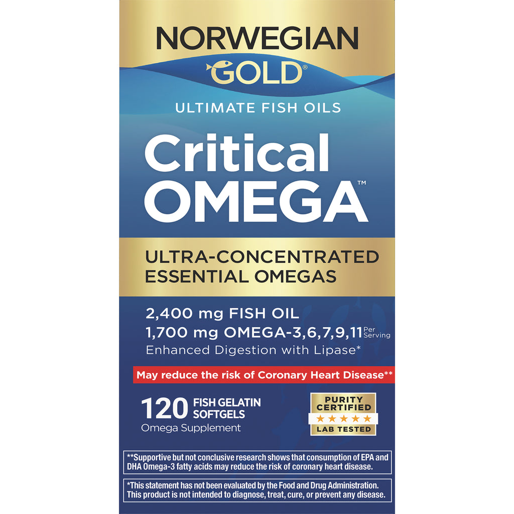 RNL253 | Norwegian Gold Critical OMEGA box front showing ultra-concentrated essential omegas and 120 fish gelatin softgels - Thumbnail