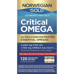 RNL253 | Norwegian Gold Critical OMEGA box front showing ultra-concentrated essential omegas and 120 fish gelatin softgels