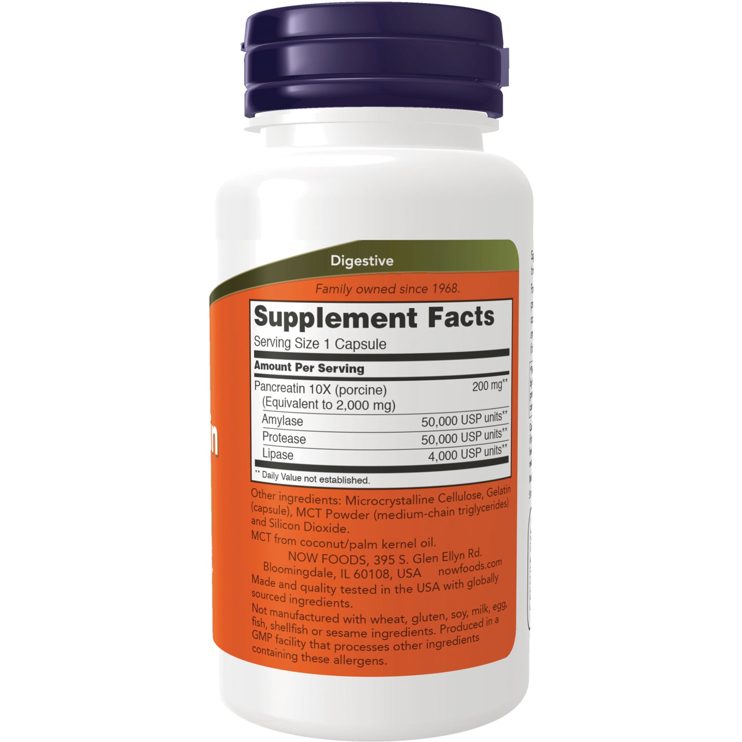 NWF697 | Back of white supplement bottle showing Supplement Facts panel and ingredients for digestive enzyme capsules
