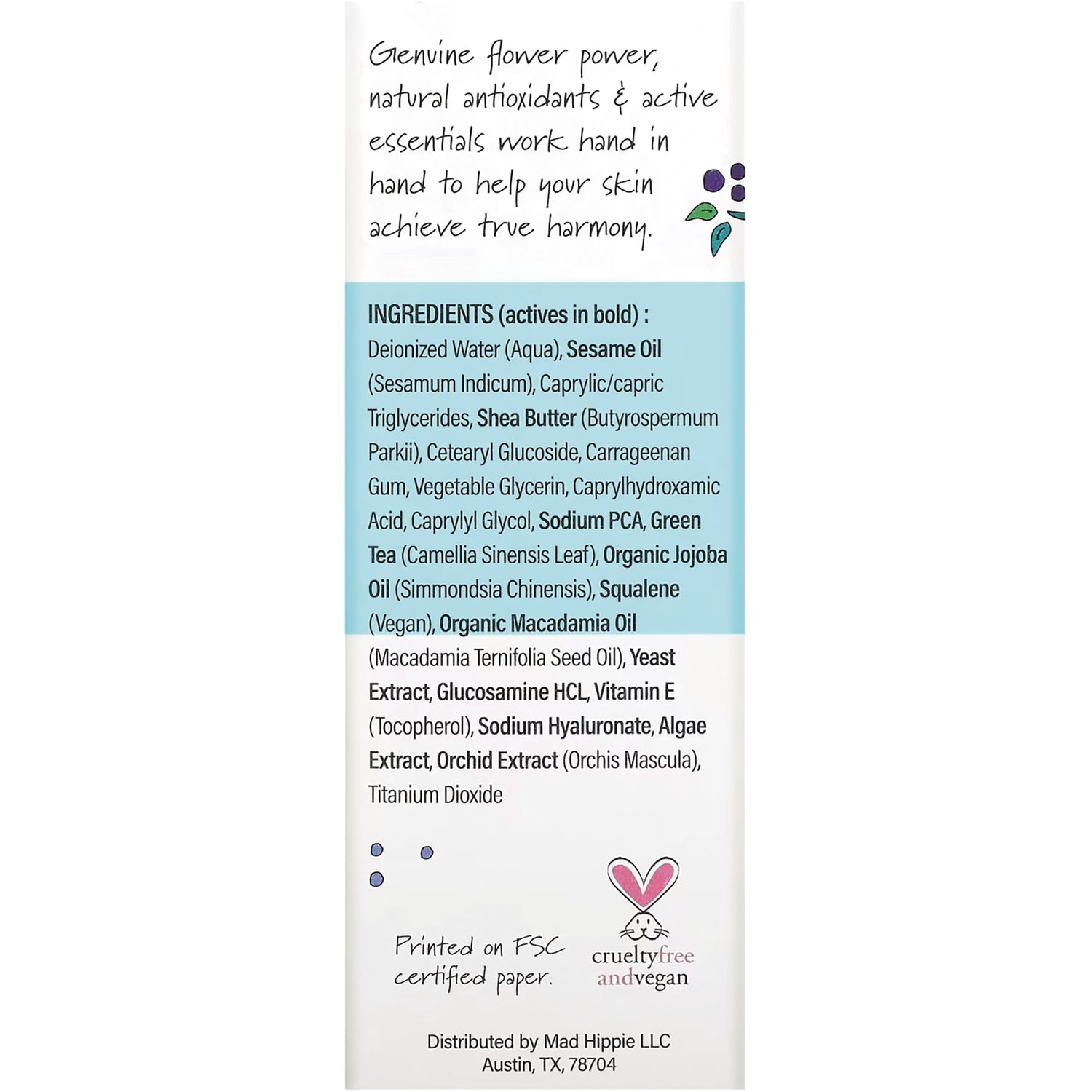 HIP001 | back panel with ingredients list including Shea Butter, Sodium PCA, Organic Jojoba Oil and cruelty free vegan logo