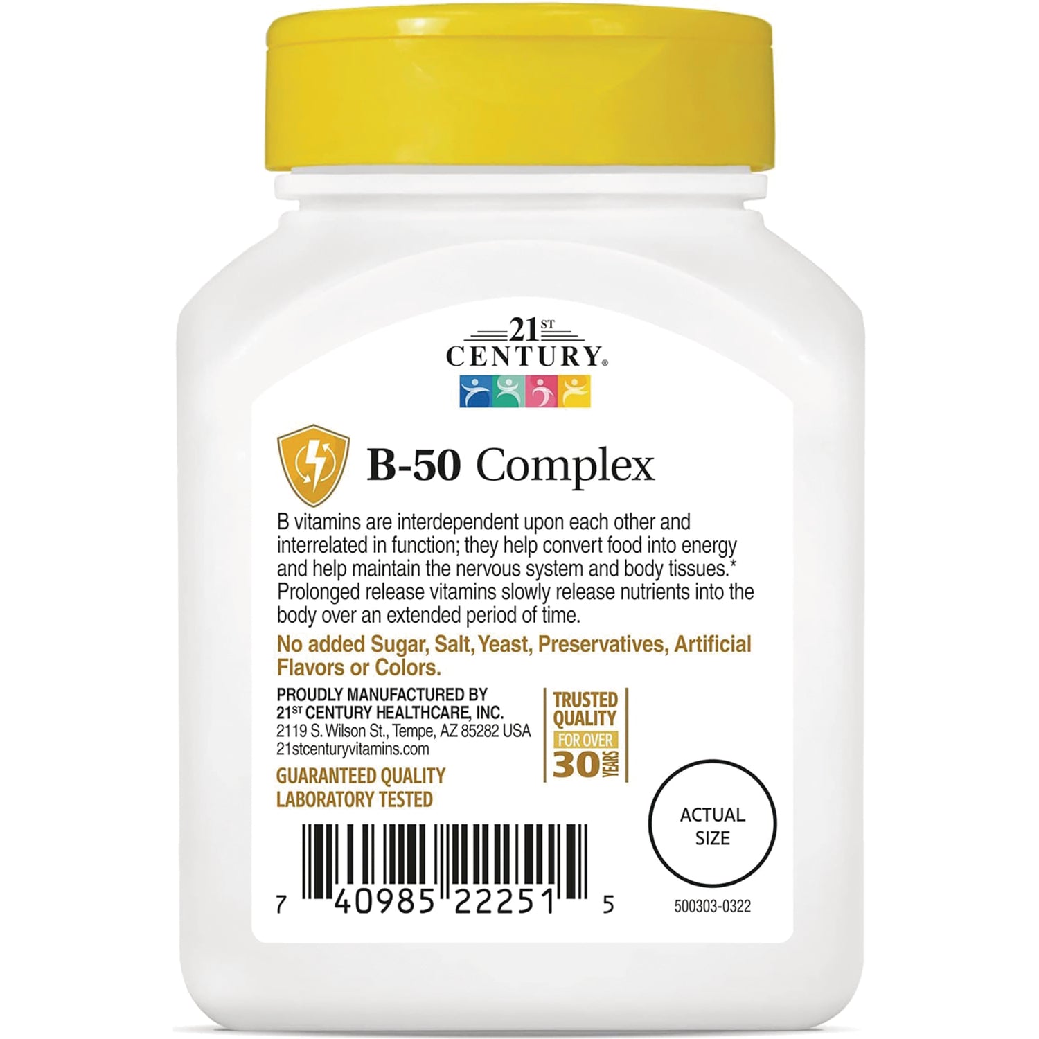 CNT169 | 21st Century B-50 Complex bottle label with product benefits text, no added sugar claim, barcode and actual size circle