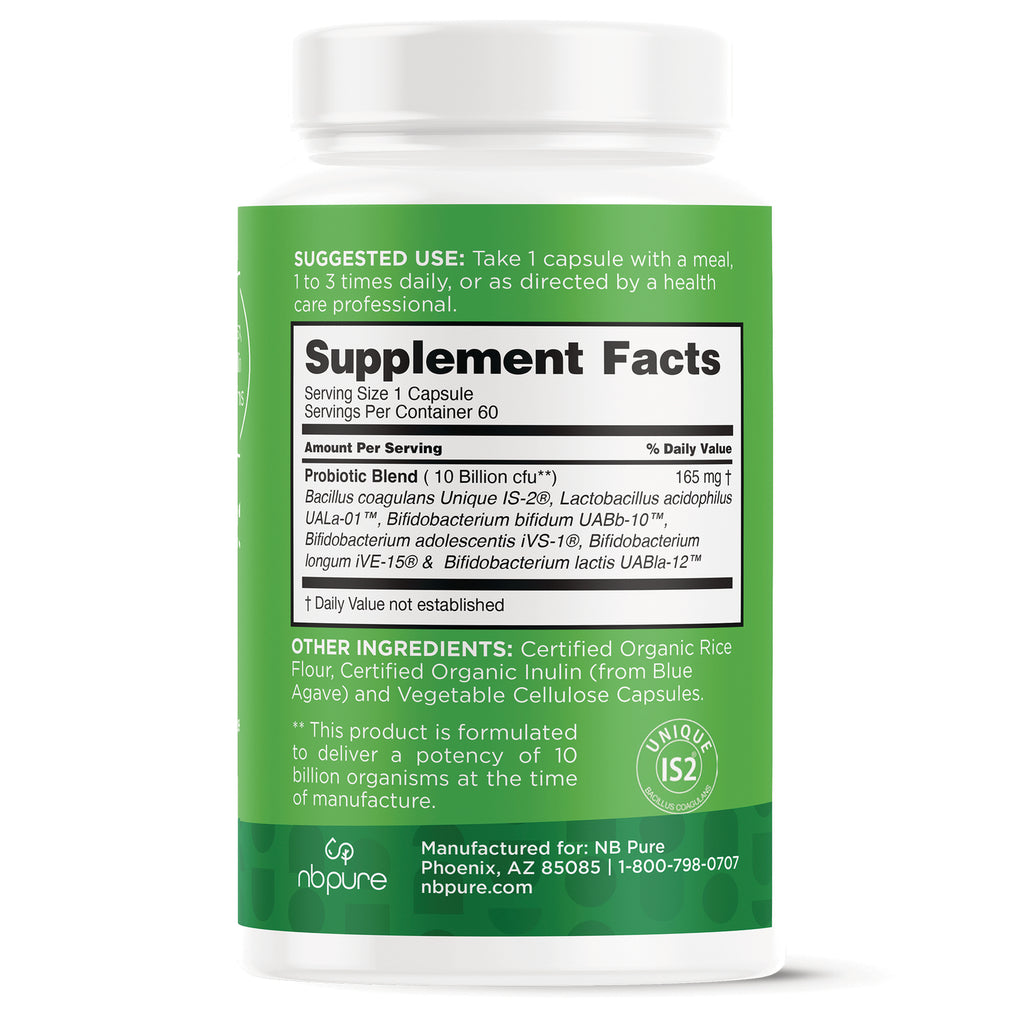 ARL008 | Back label of green probiotic bottle showing Supplement Facts, suggested use, and other ingredients - Thumbnail