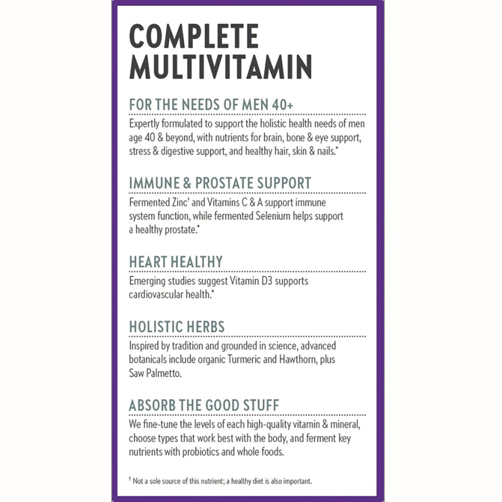 NWC319 | Product infographic listing benefits: complete multivitamin for men 40+, immune and prostate support, heart health, holistic herbs - Thumbnail