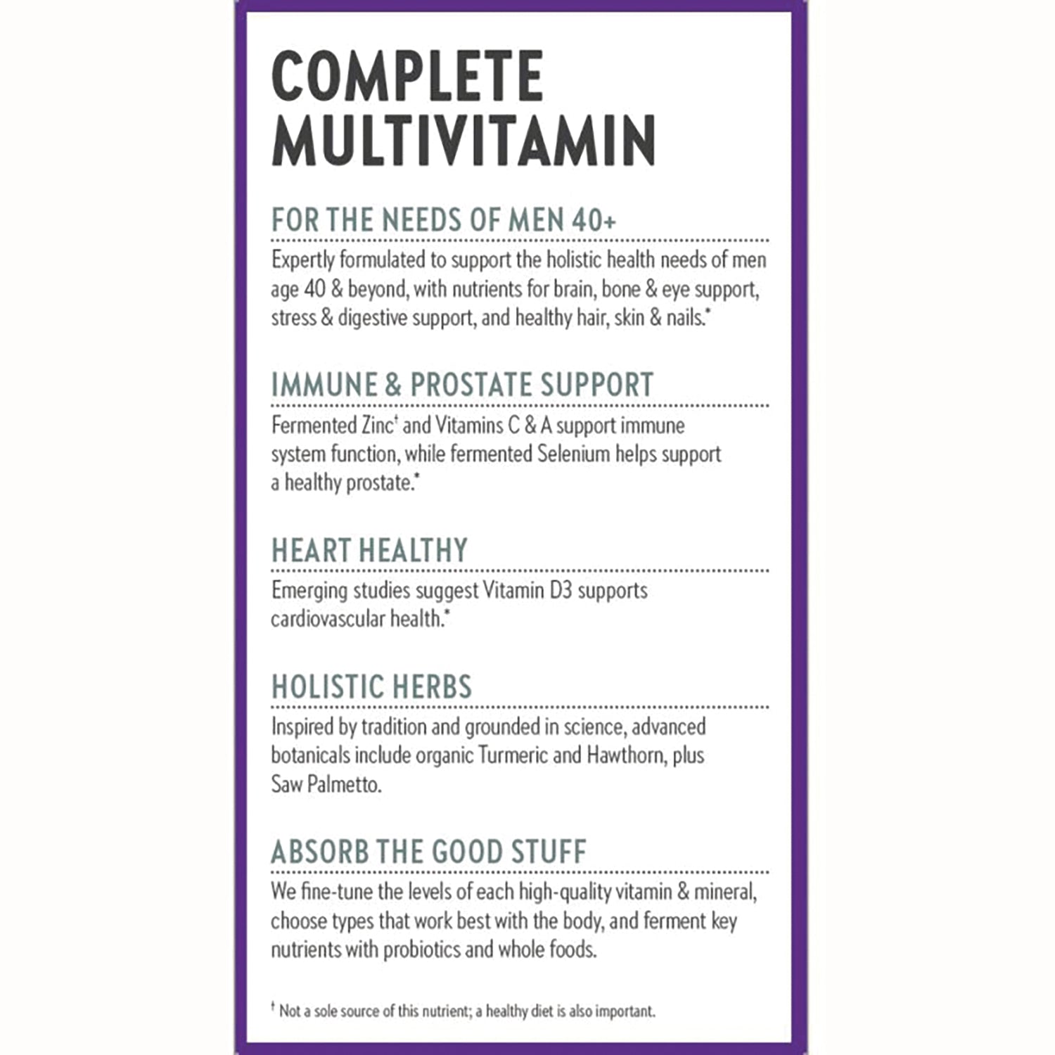 NWC319 | Product infographic listing benefits: complete multivitamin for men 40+, immune and prostate support, heart health, holistic herbs