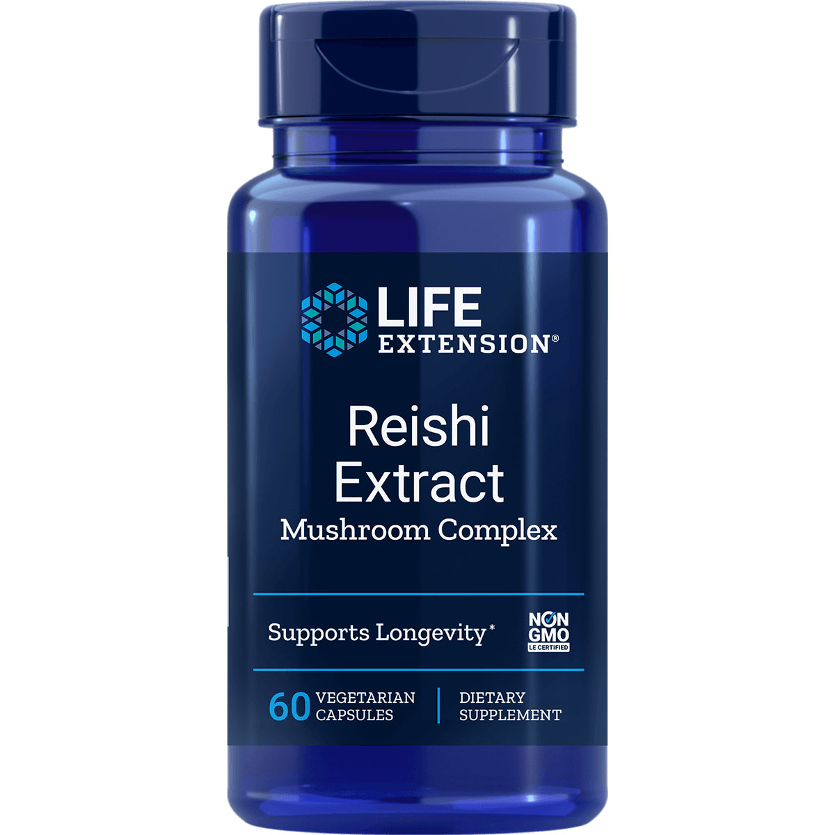 LE349 | Life Extension Reishi Extract mushroom complex supplement bottle, 60 vegetarian capsules