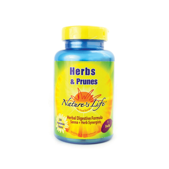 NSL028 | Blue bottle with yellow cap labeled Nature's Life Herbs & Prunes herbal digestive formula 250 vegetarian tablets