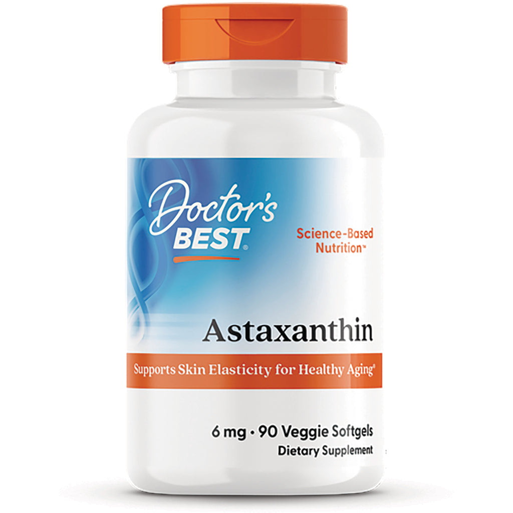 DB230 | Doctor's Best Astaxanthin white bottle front label reads Astaxanthin, supports skin elasticity, 6 mg 90 Veggie Softgels - Thumbnail