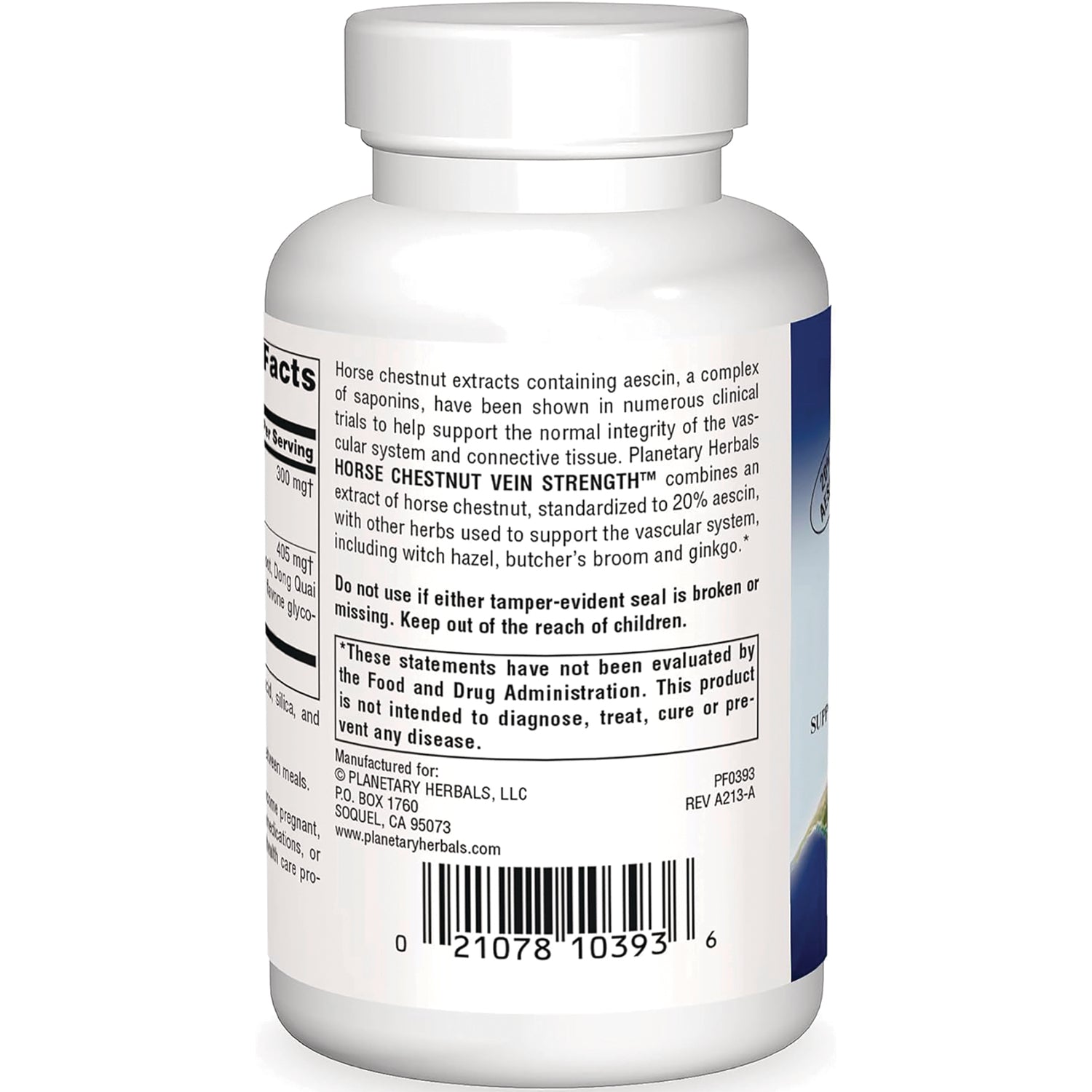 PF116 | back label of white supplement bottle showing ingredients, warning statement and barcode