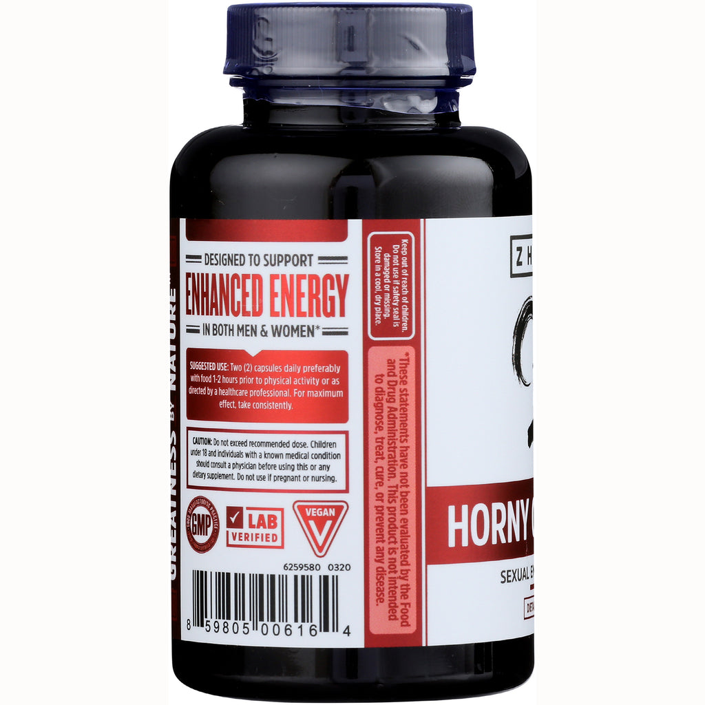 ZOU027 | Supplement bottle back label showing Enhanced Energy claim, suggested use, GMP, Lab Verified, Vegan icons - Thumbnail