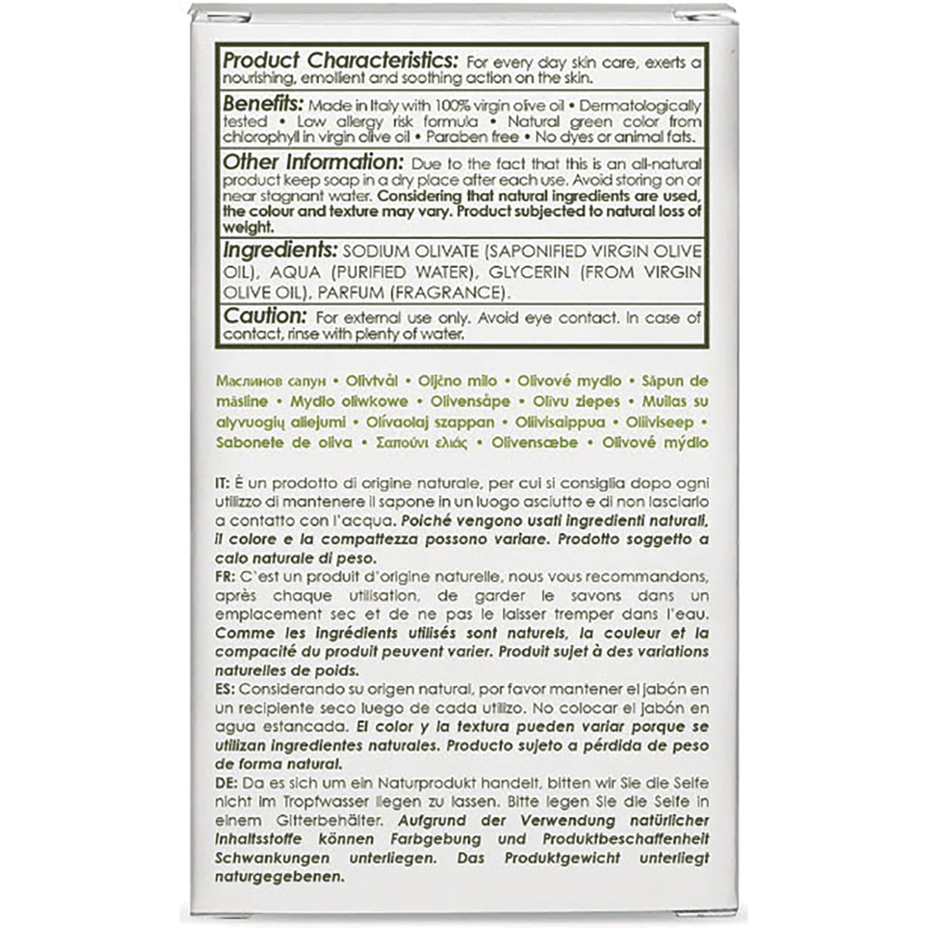 OLV008 | back of soap box showing ingredients, caution, and multilingual product information - Thumbnail