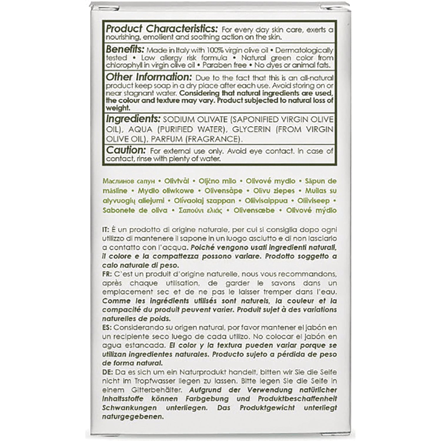 OLV008 | back of soap box showing ingredients, caution, and multilingual product information
