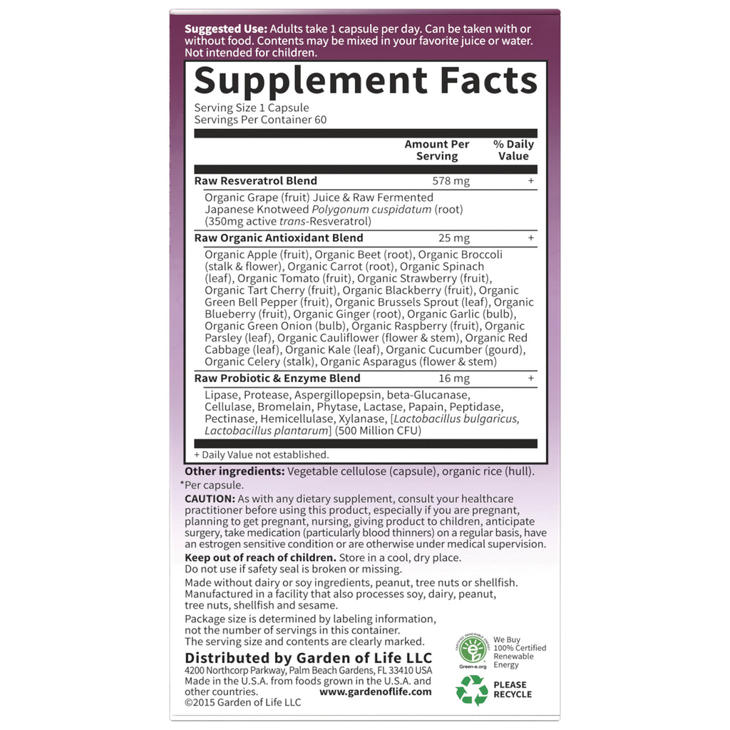 Supplement Facts panel showing Raw Resveratrol, antioxidant and probiotic blends, serving size 1 capsule and caution - Thumbnail