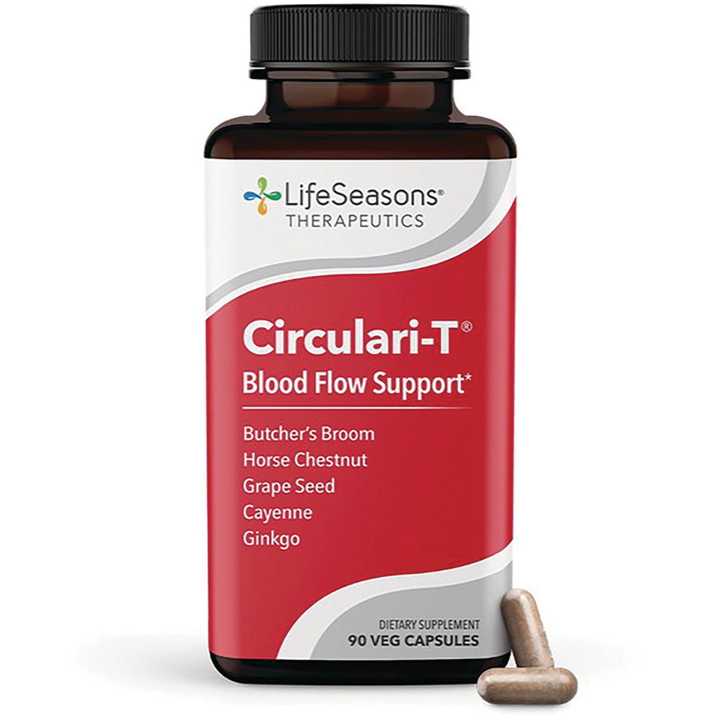 LSS002 | LifeSeasons Circulari-T Blood Flow Support bottle front labeled 90 veg capsules with two capsules - Thumbnail