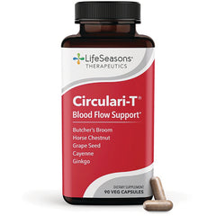 LSS002 | LifeSeasons Circulari-T Blood Flow Support bottle front labeled 90 veg capsules with two capsules