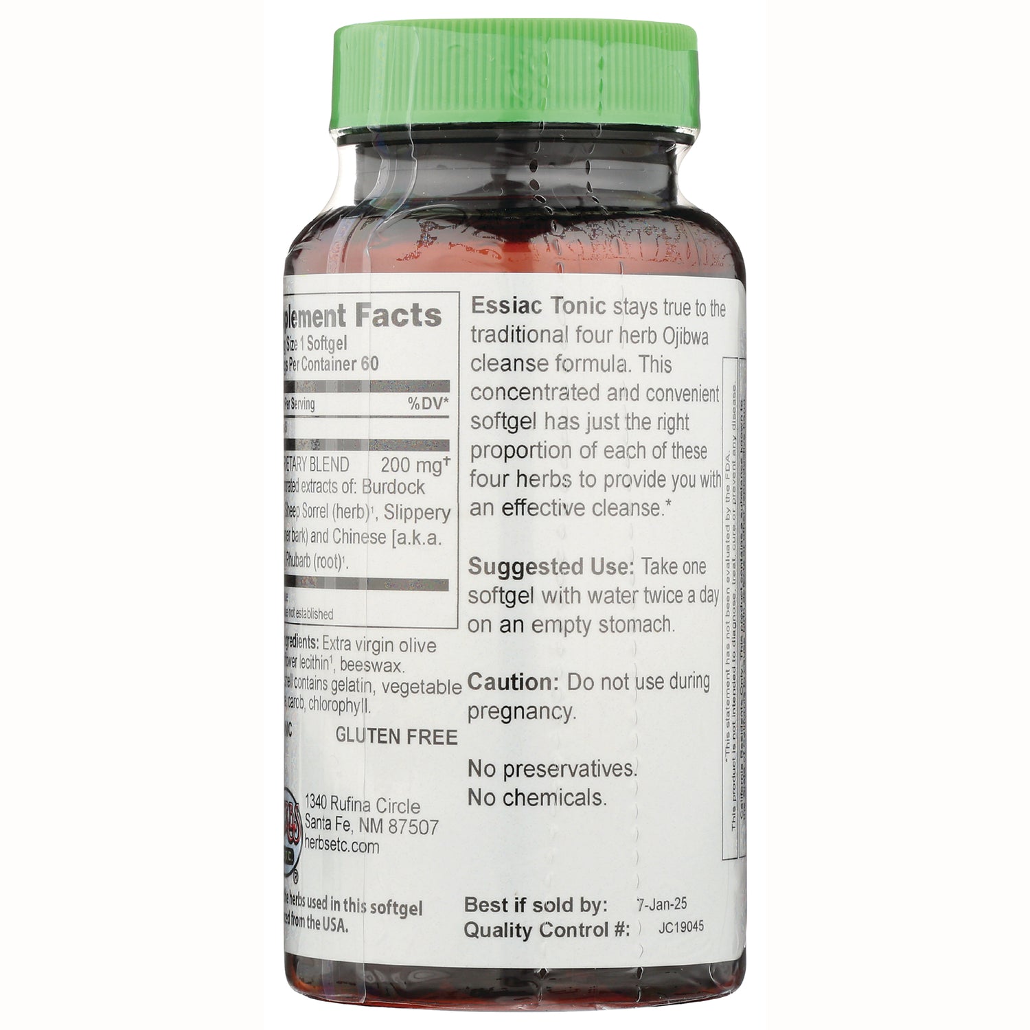HE107 | back label of amber supplement bottle showing supplement facts, suggested use, caution, and GLUTEN FREE text