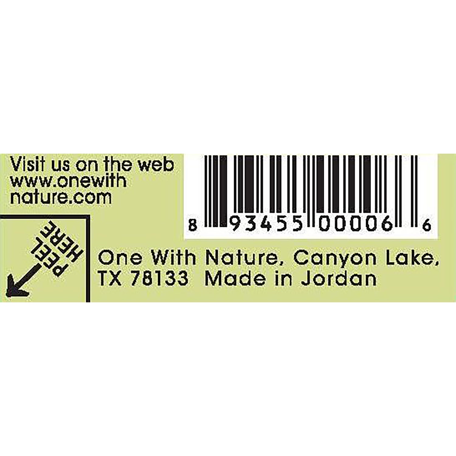 OWN007 | Back label with barcode, website, and One With Nature, Canyon Lake, TX 78133 Made in Jordan