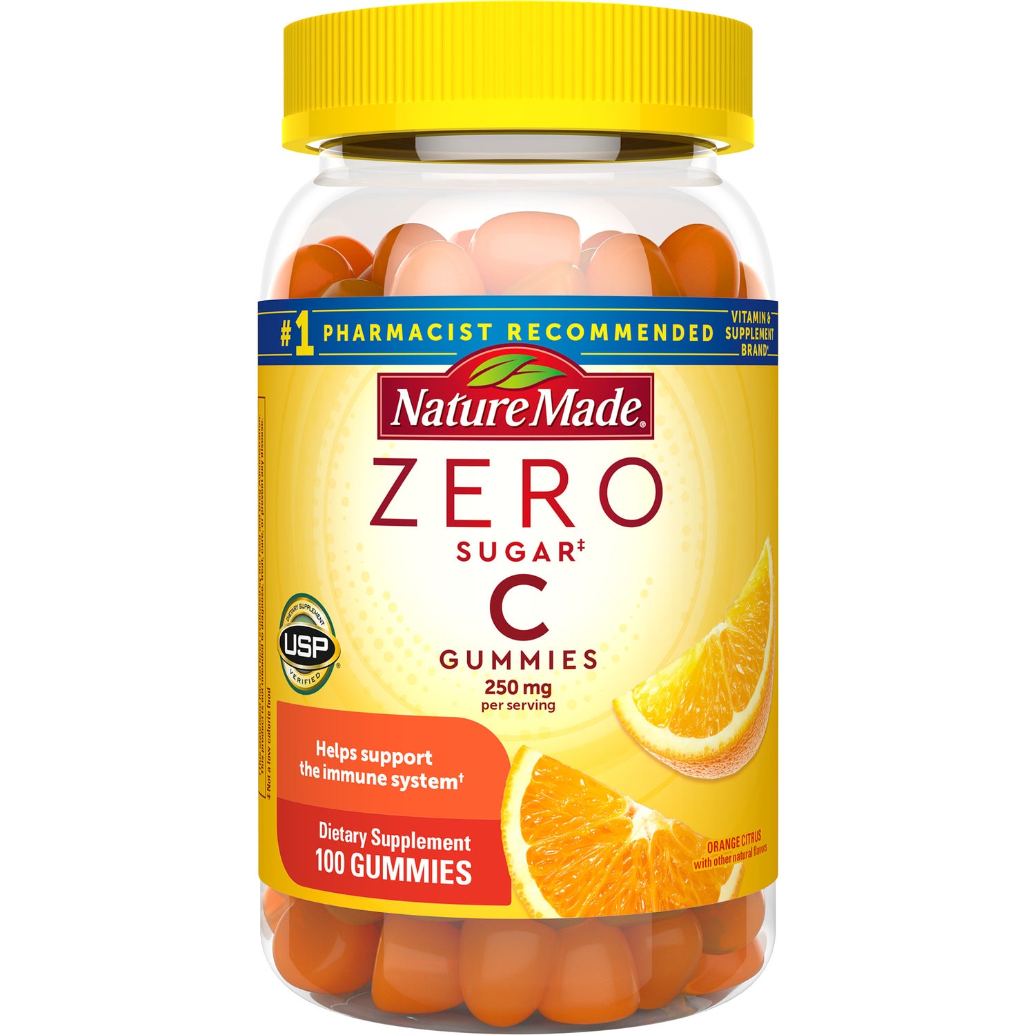 NTM200 | Nature Made ZERO sugar C gummies bottle front label showing 250 mg per serving and 100 gummies