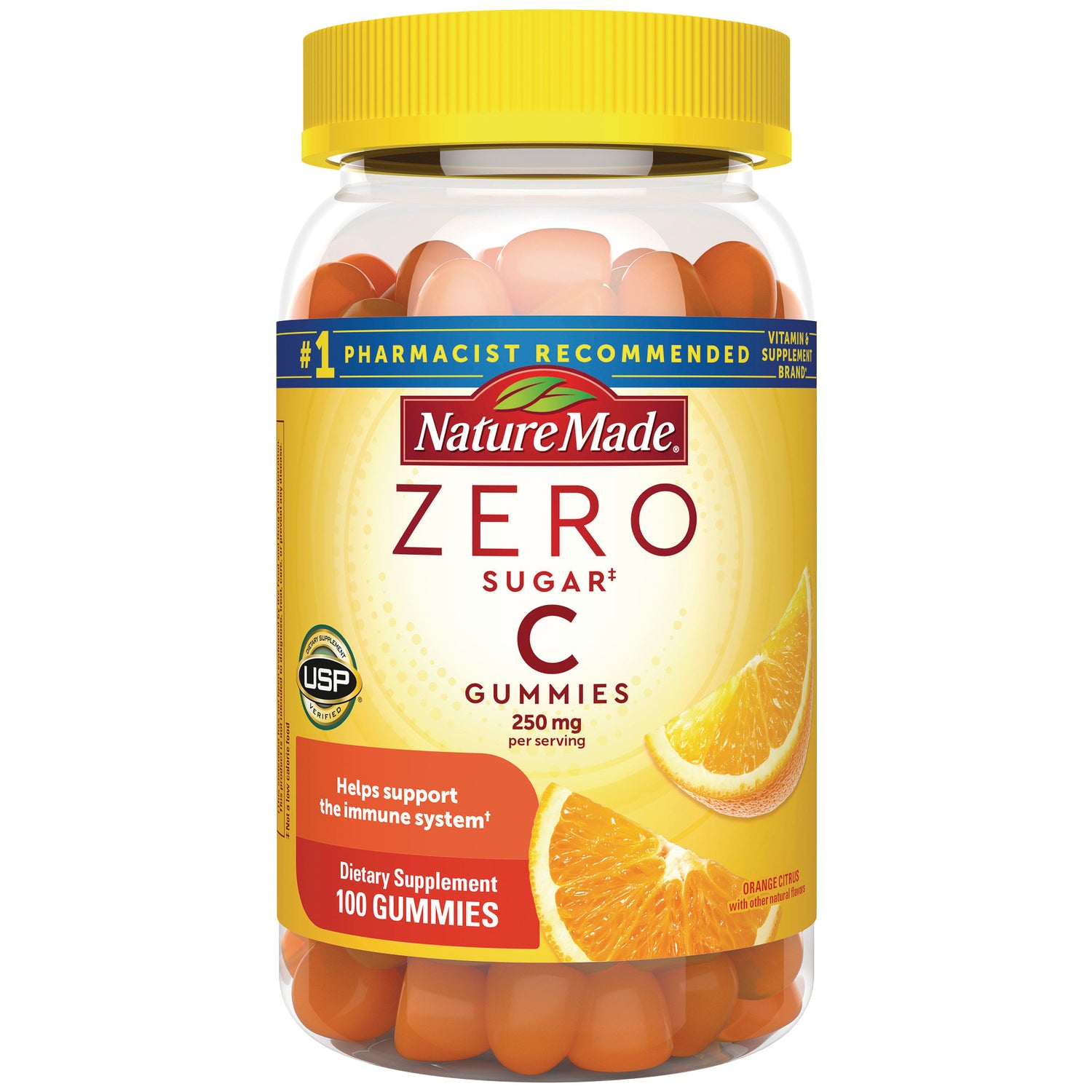 NTM200 | Nature Made ZERO sugar C gummies bottle front label showing 250 mg per serving and 100 gummies