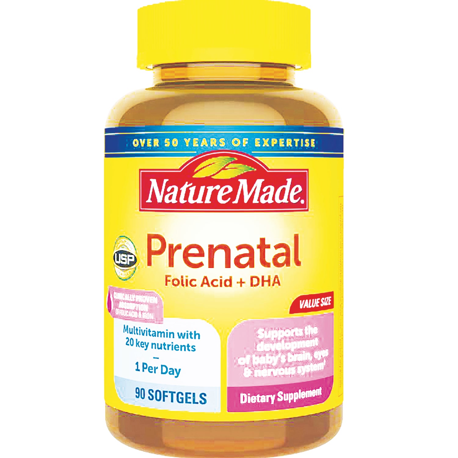 NTM023 | NatureMade Prenatal Folic Acid + DHA 90 softgels bottle with yellow label