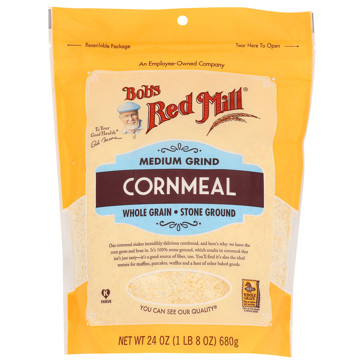 BOB299 | Bob's Red Mill medium grind cornmeal pouch, whole grain stone ground, 24 oz
