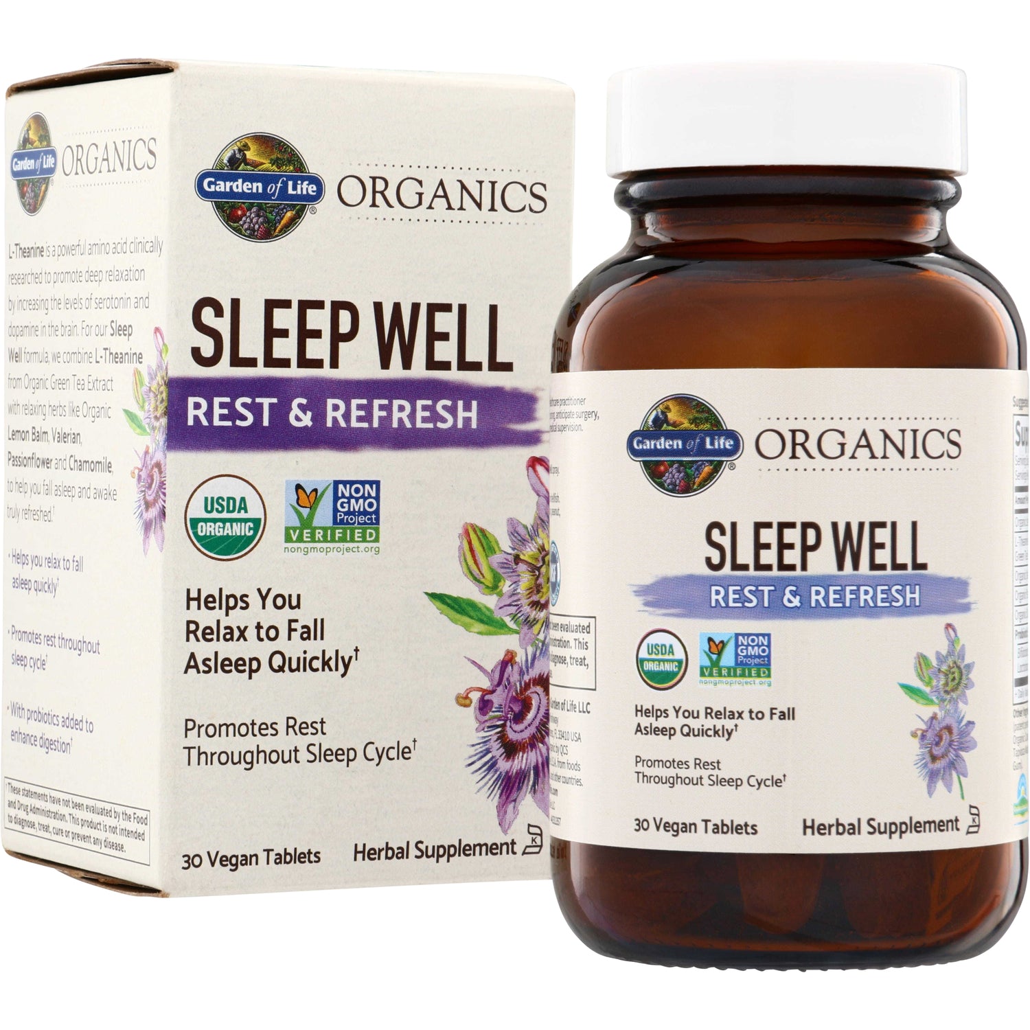 GLF254 | Garden of Life Organics Sleep Well Rest & Refresh, 30 vegan tablets, bottle and box front