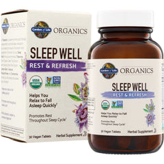 GLF254 | Garden of Life Organics Sleep Well Rest & Refresh, 30 vegan tablets, bottle and box front