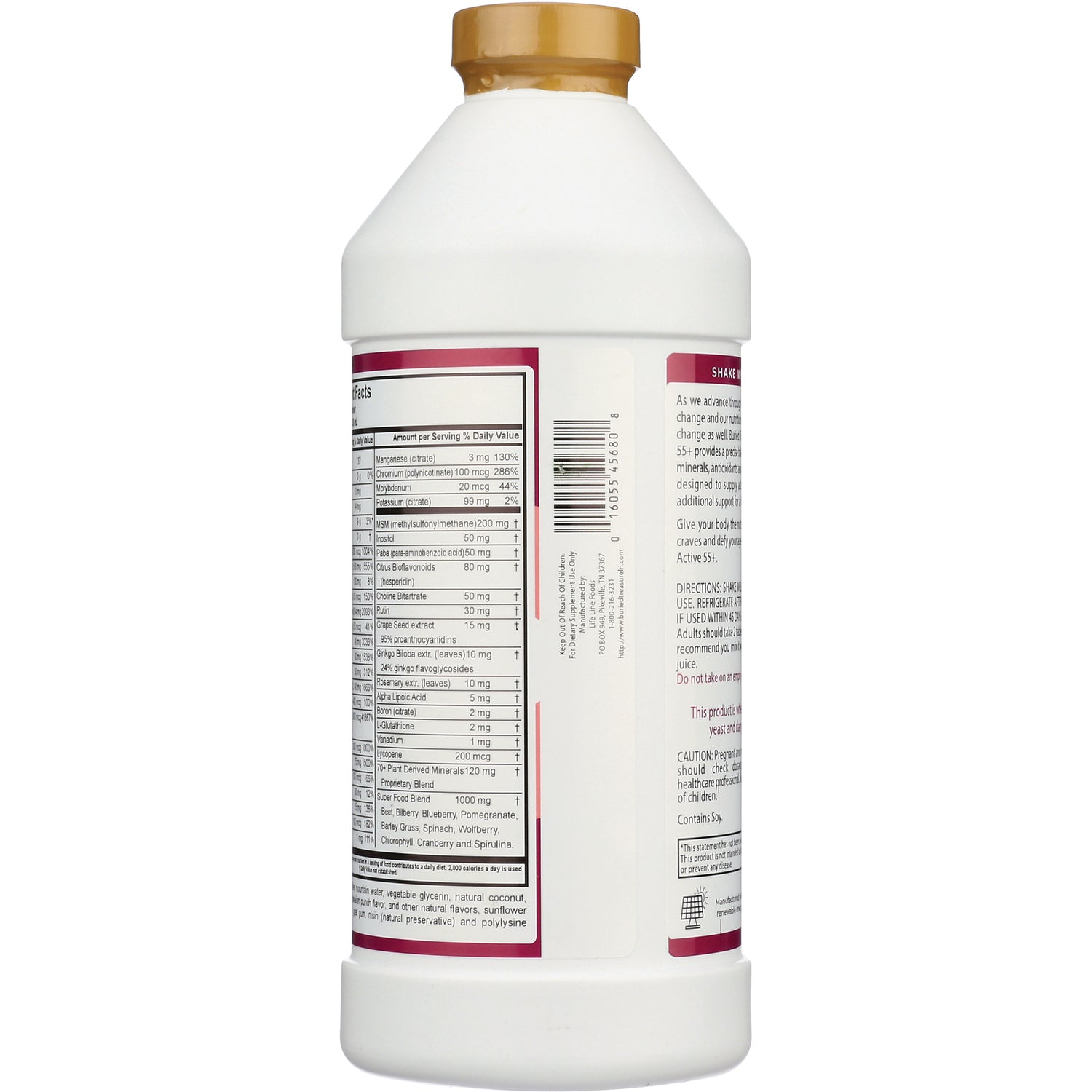 BTR004 | Back of white supplement bottle showing nutrition facts panel, barcode, and directions