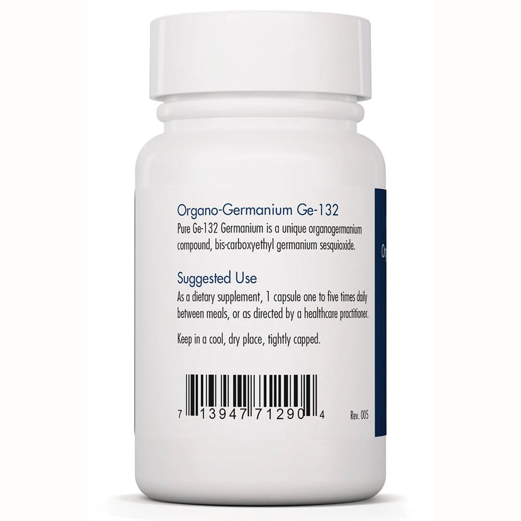 ARG052 | Back label of white supplement bottle showing Organo-Germanium Ge-132 heading, Suggested Use instructions and barcode - Thumbnail