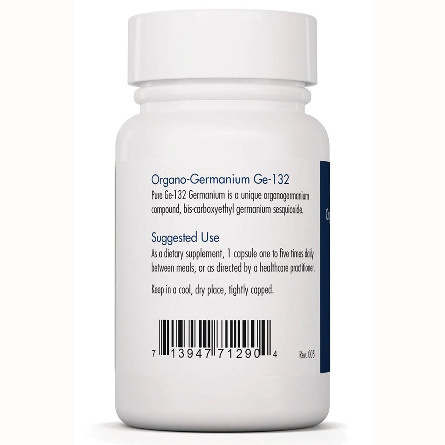 ARG052 | Back label of white supplement bottle showing Organo-Germanium Ge-132 heading, Suggested Use instructions and barcode