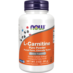 NWF174 | NOW L-Carnitine pure powder supplement bottle with orange label, NET WT. 3 OZ (85 g)