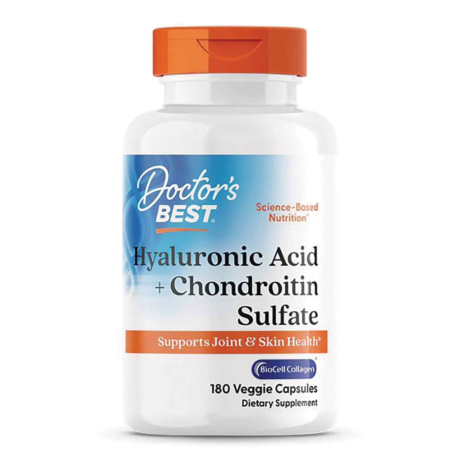 DB136 | Doctor's Best Hyaluronic Acid + Chondroitin Sulfate white bottle with orange cap, 180 veggie capsules