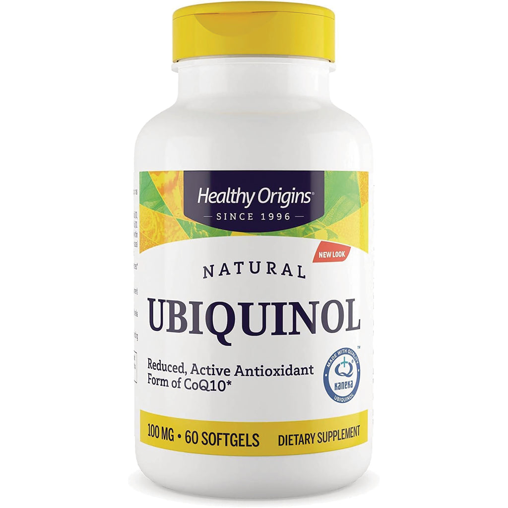 HRG007 | Healthy Origins Ubiquinol dietary supplement bottle, 100 mg, 60 softgels, white bottle with yellow cap and label - Thumbnail