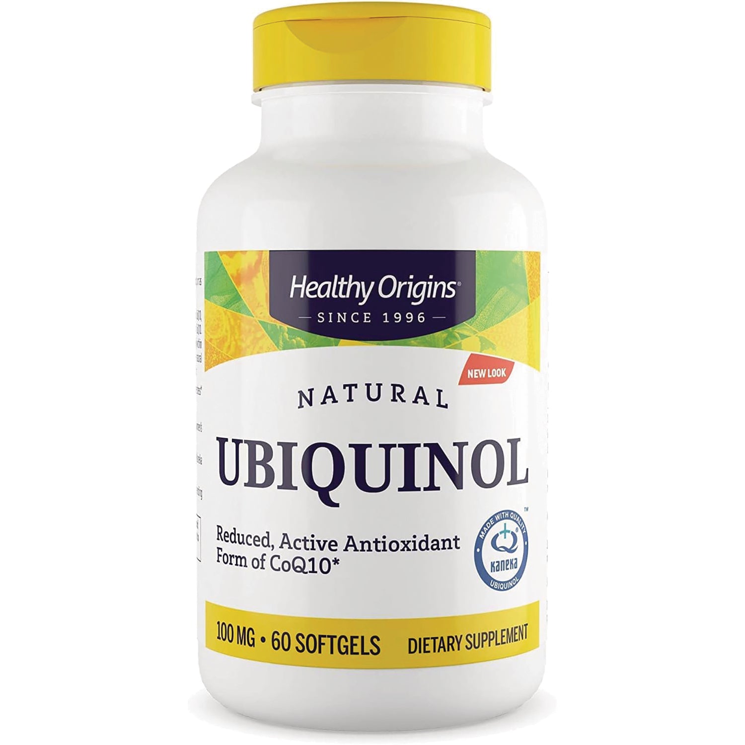 HRG007 | Healthy Origins Ubiquinol dietary supplement bottle, 100 mg, 60 softgels, white bottle with yellow cap and label