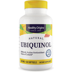 HRG007 | Healthy Origins Ubiquinol dietary supplement bottle, 100 mg, 60 softgels, white bottle with yellow cap and label