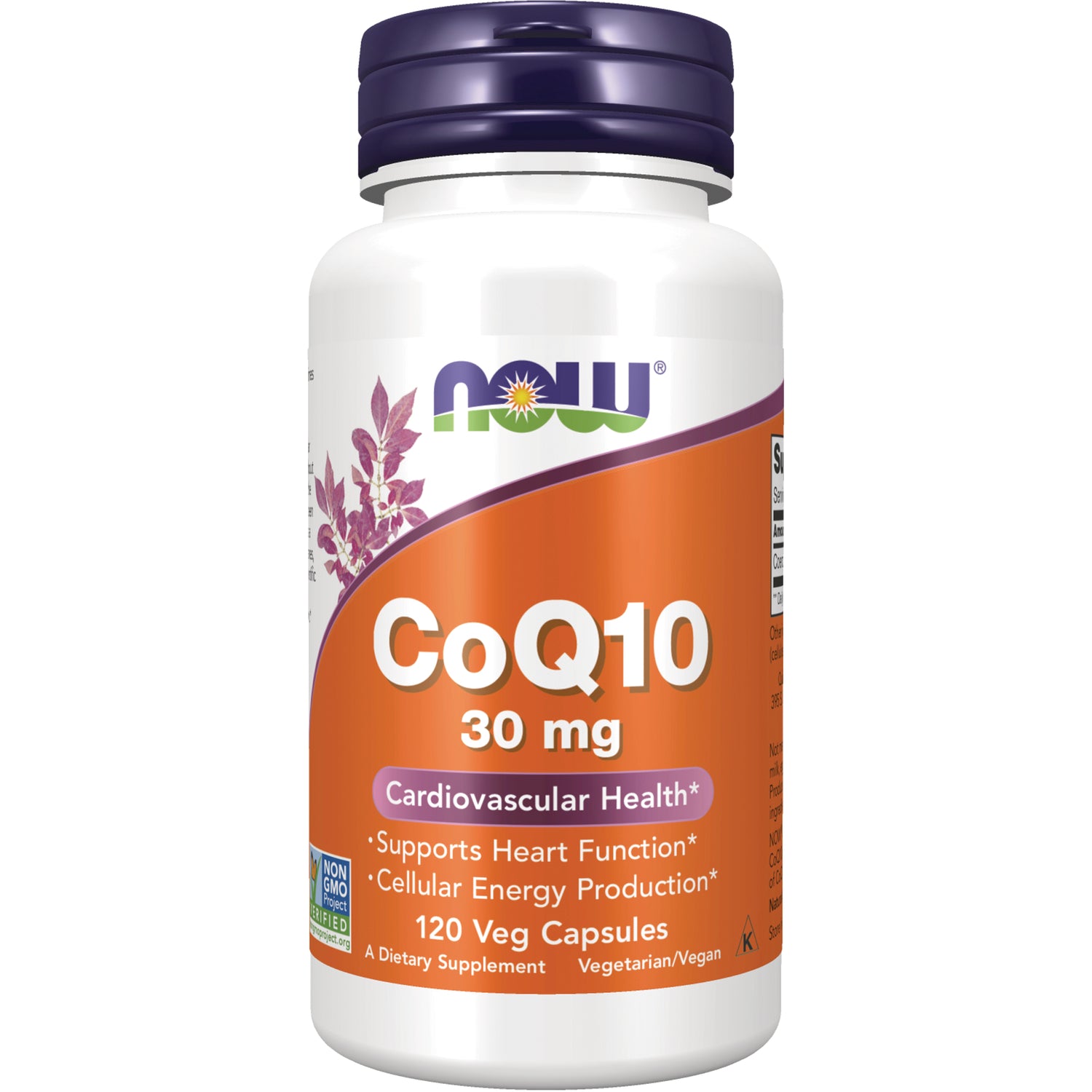 NWF867 | Now CoQ10 30 mg bottle, orange label showing 120 veg capsules for cardiovascular health
