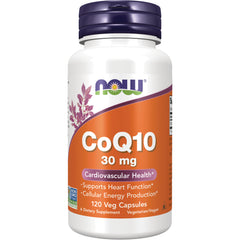 NWF867 | Now CoQ10 30 mg bottle, orange label showing 120 veg capsules for cardiovascular health