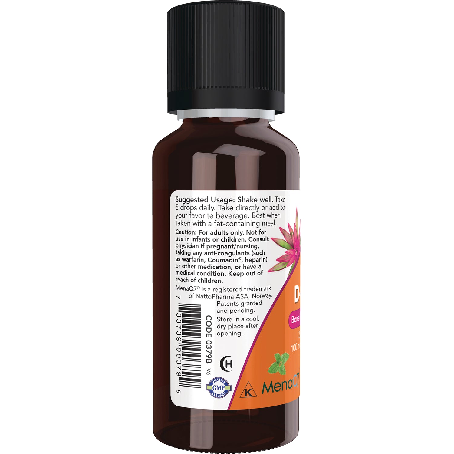 NWF1464 | Back label of brown supplement bottle showing suggested usage and caution text, barcode, and partial orange front panel