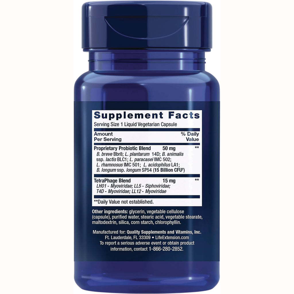 LE454 | Back label showing Supplement Facts panel, ingredients and manufacturer contact on blue bottle - Thumbnail