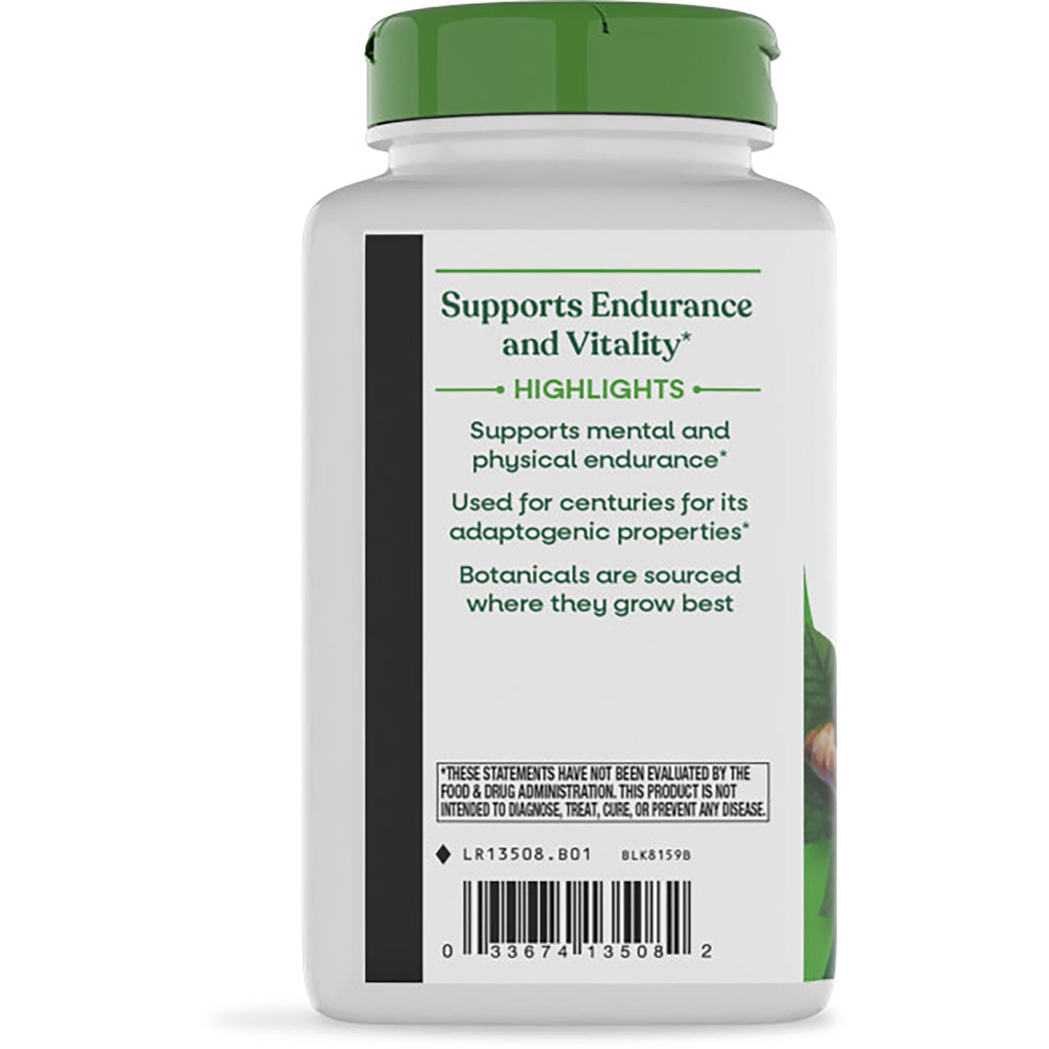 NW740 | Back of white supplement bottle showing label text Siberian Eleuthero about physical and mental endurance and a barcode