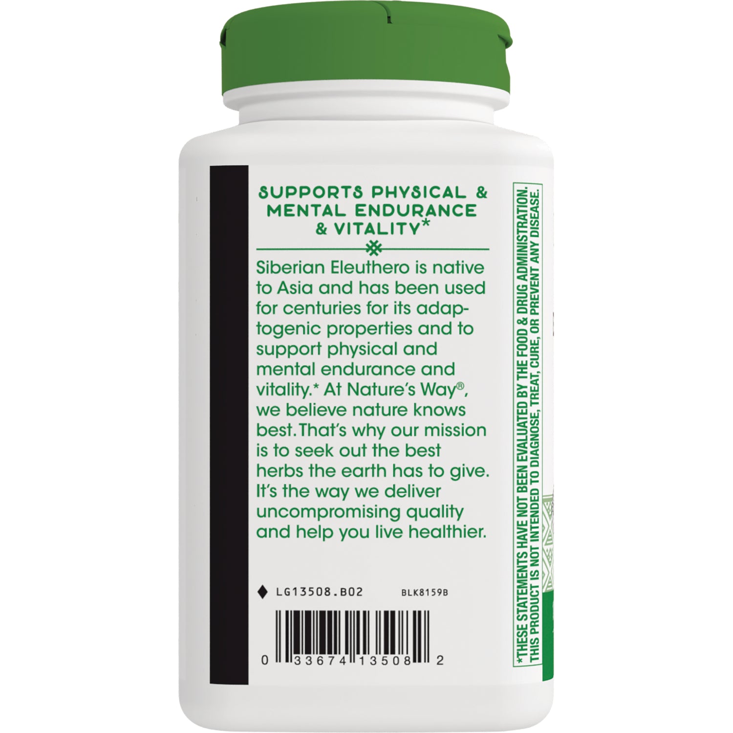 NW740 | Back of white supplement bottle showing label text Siberian Eleuthero about physical and mental endurance and a barcode