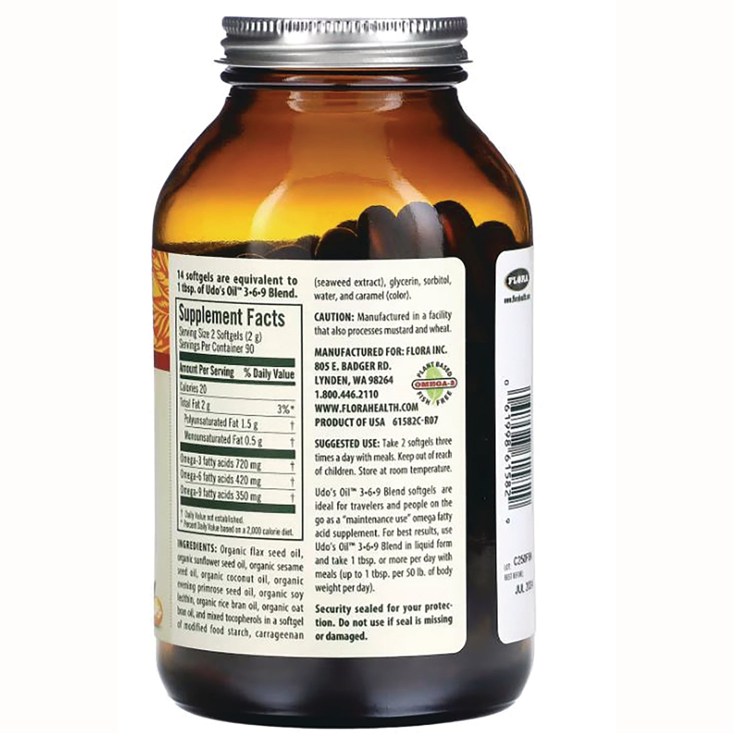 FL030 | back of amber supplement bottle showing Supplement Facts label, ingredients, suggested use and barcode