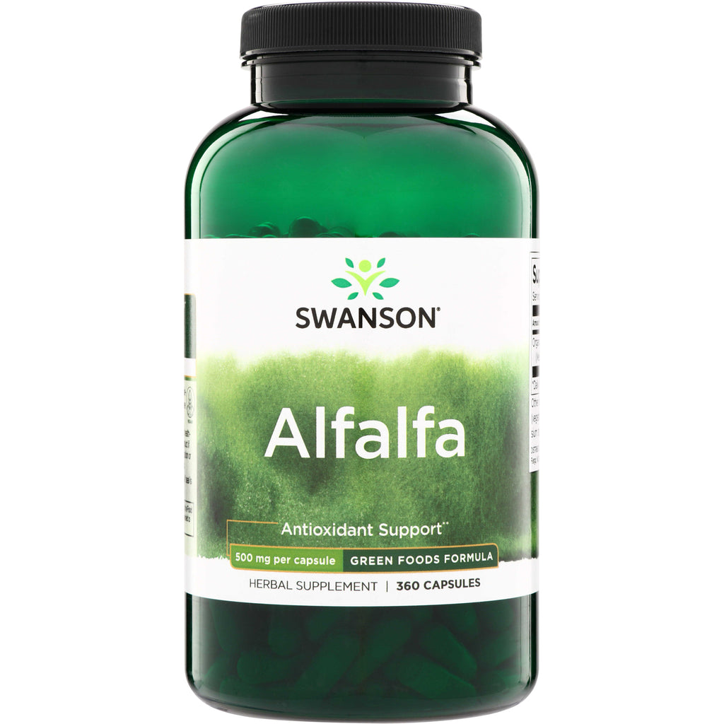 SWR092 | Swanson Alfalfa herbal supplement, Antioxidant Support, 500 mg per capsule, 360 capsules, front label - Thumbnail