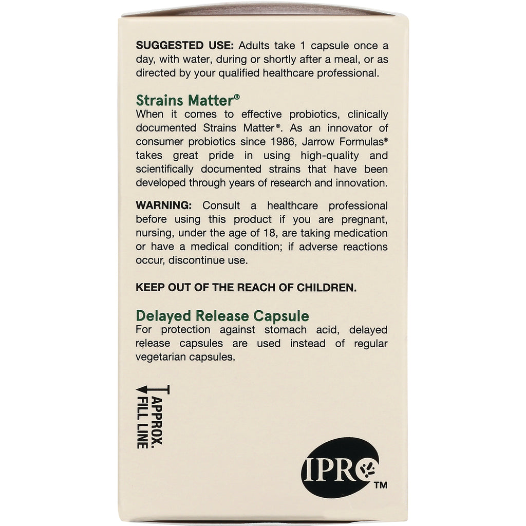 JR133 | Back of probiotic box showing suggested use, warning, delayed release capsule info and IPRO logo - Thumbnail