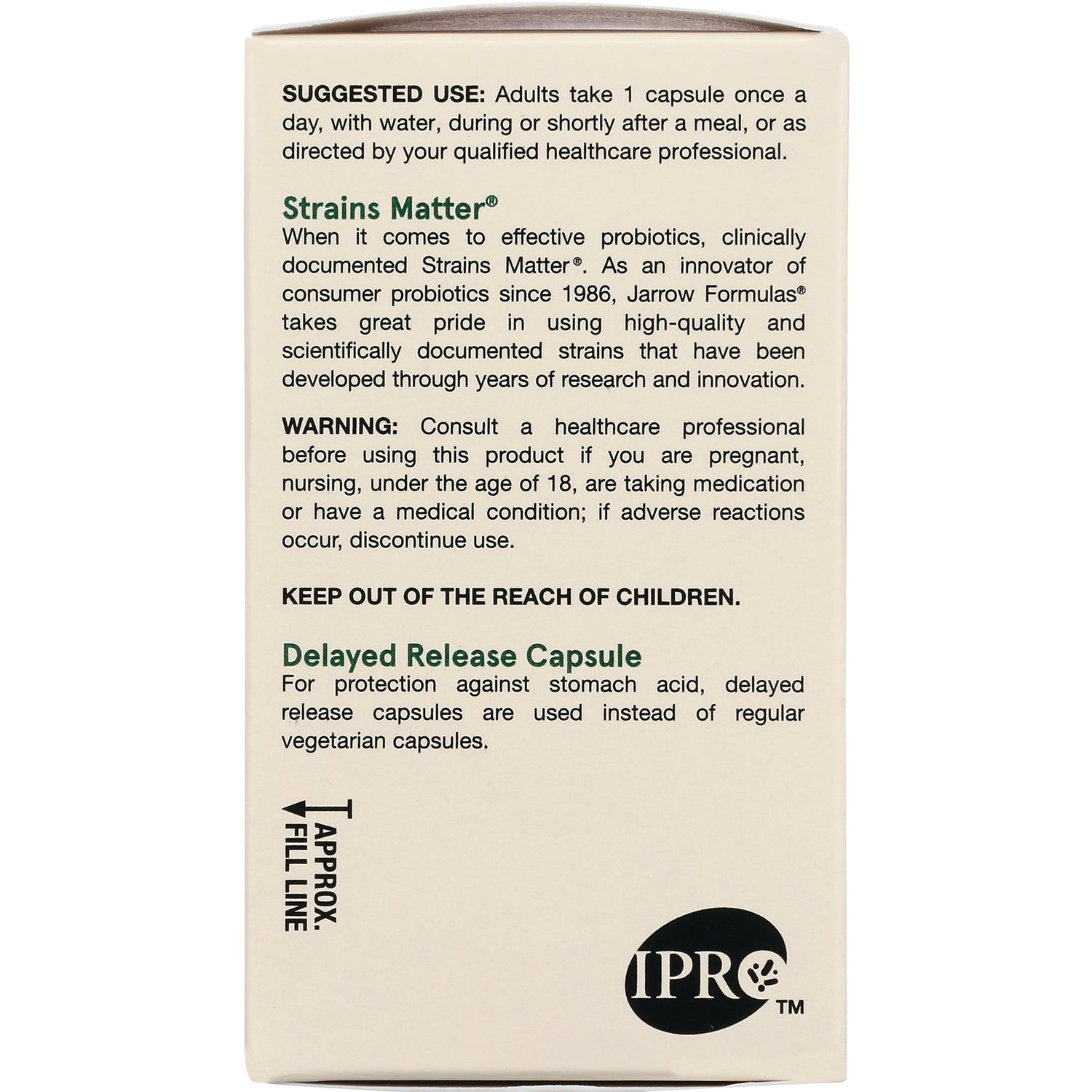 JR133 | Back of probiotic box showing suggested use, warning, delayed release capsule info and IPRO logo