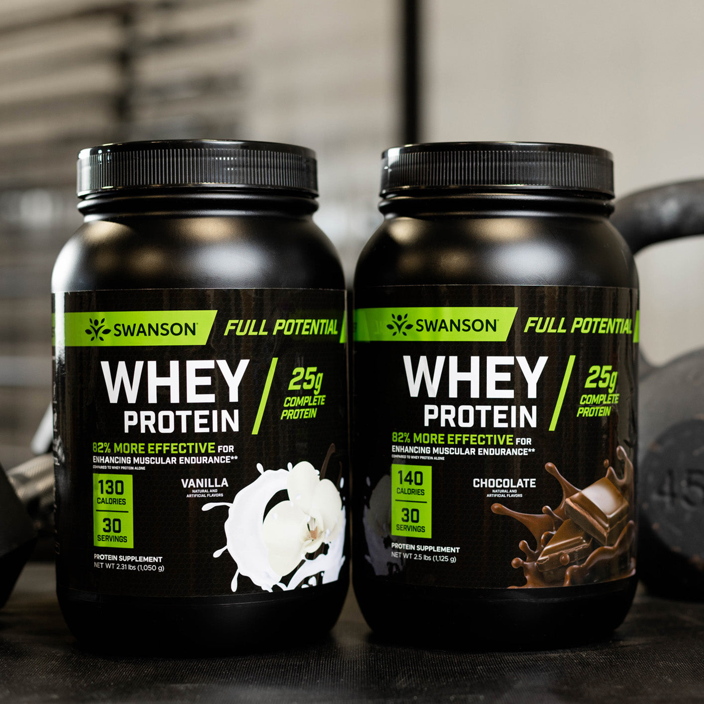 SW1893 | Swanson Full Potential Whey Protein Chocolate and Vanilla containers next to each other