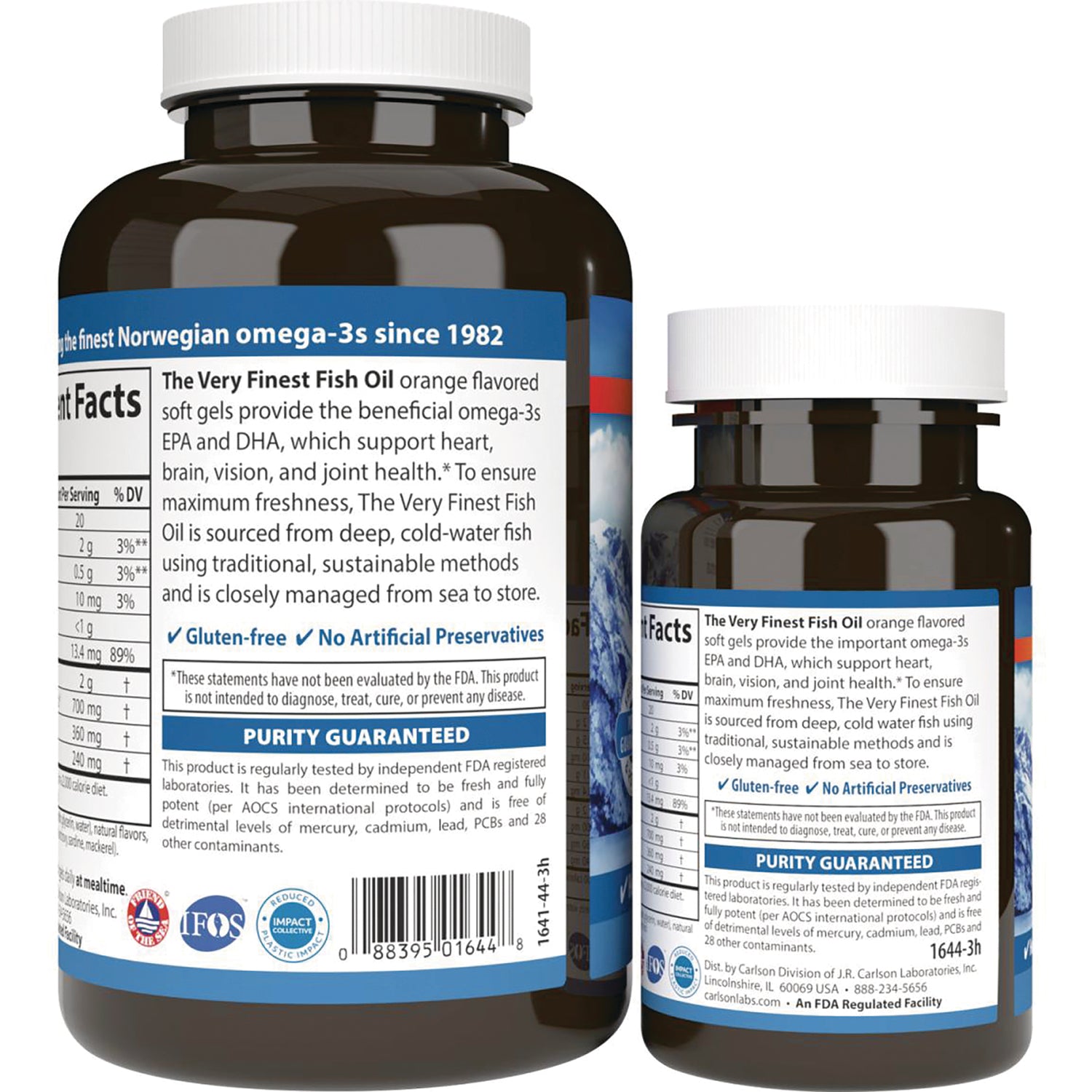 CSN015 | Back label view of two fish oil supplement bottles showing nutrition facts, ingredients, and PURITY GUARANTEED label